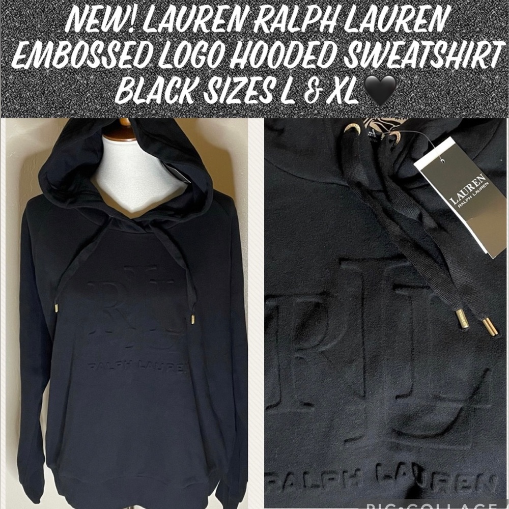 New! Lauren Ralph Lauren Embossed Logo Hooded Sweatshirt Black Sizes L & XL🖤 - Picture 16 of 16